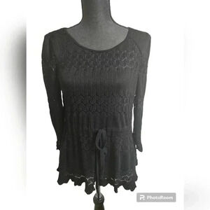 Free People Fire Island Lace Top mediumBlack Open Knit Cutout Back Bow Tie Waist